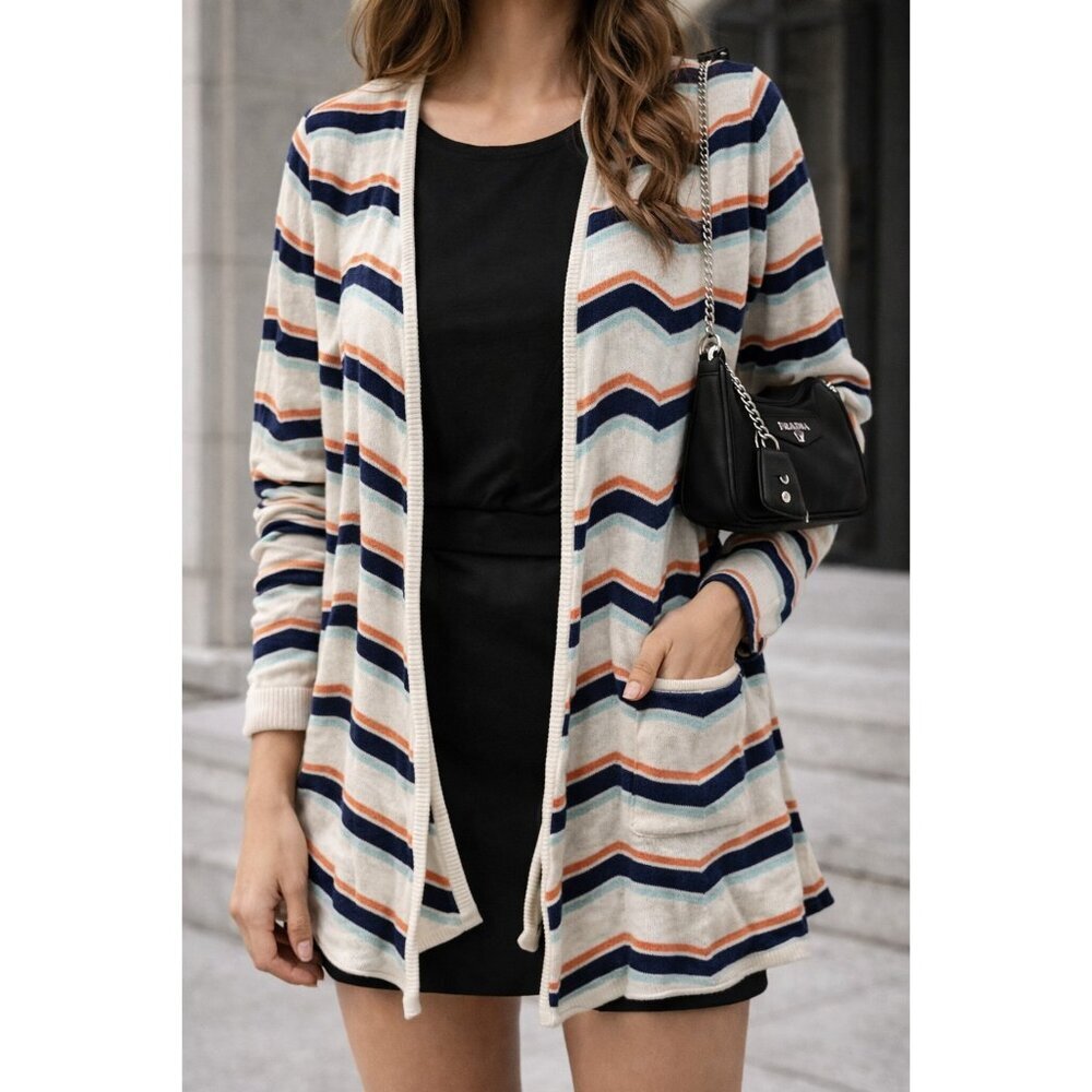 Minnie Rose Women’s 100% Cashmere Chevron Stripe Open Cardigan Size M